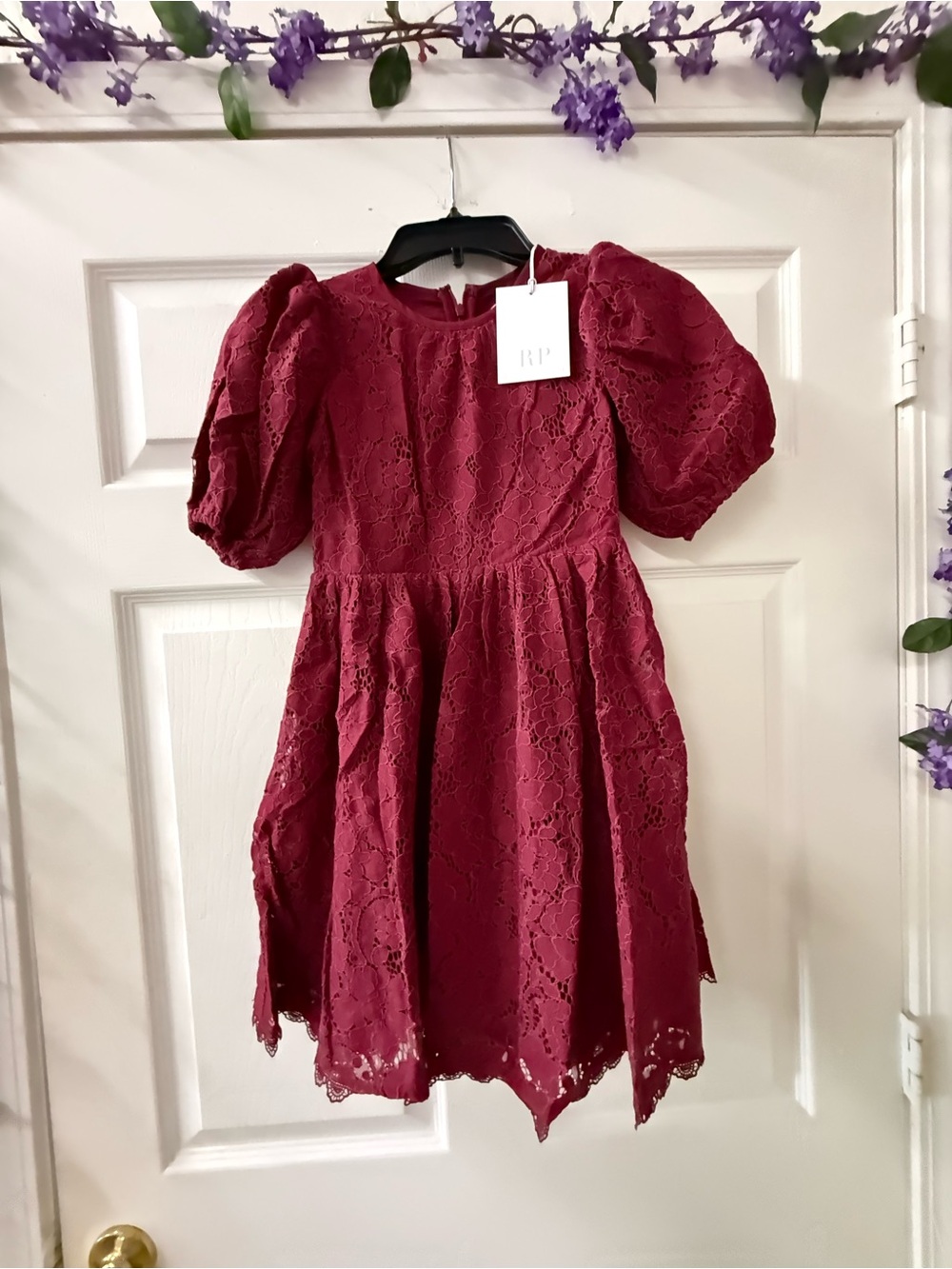 Rachel Parcel Kids Lace Puff-Sleeve Dress in Wine Sz 7